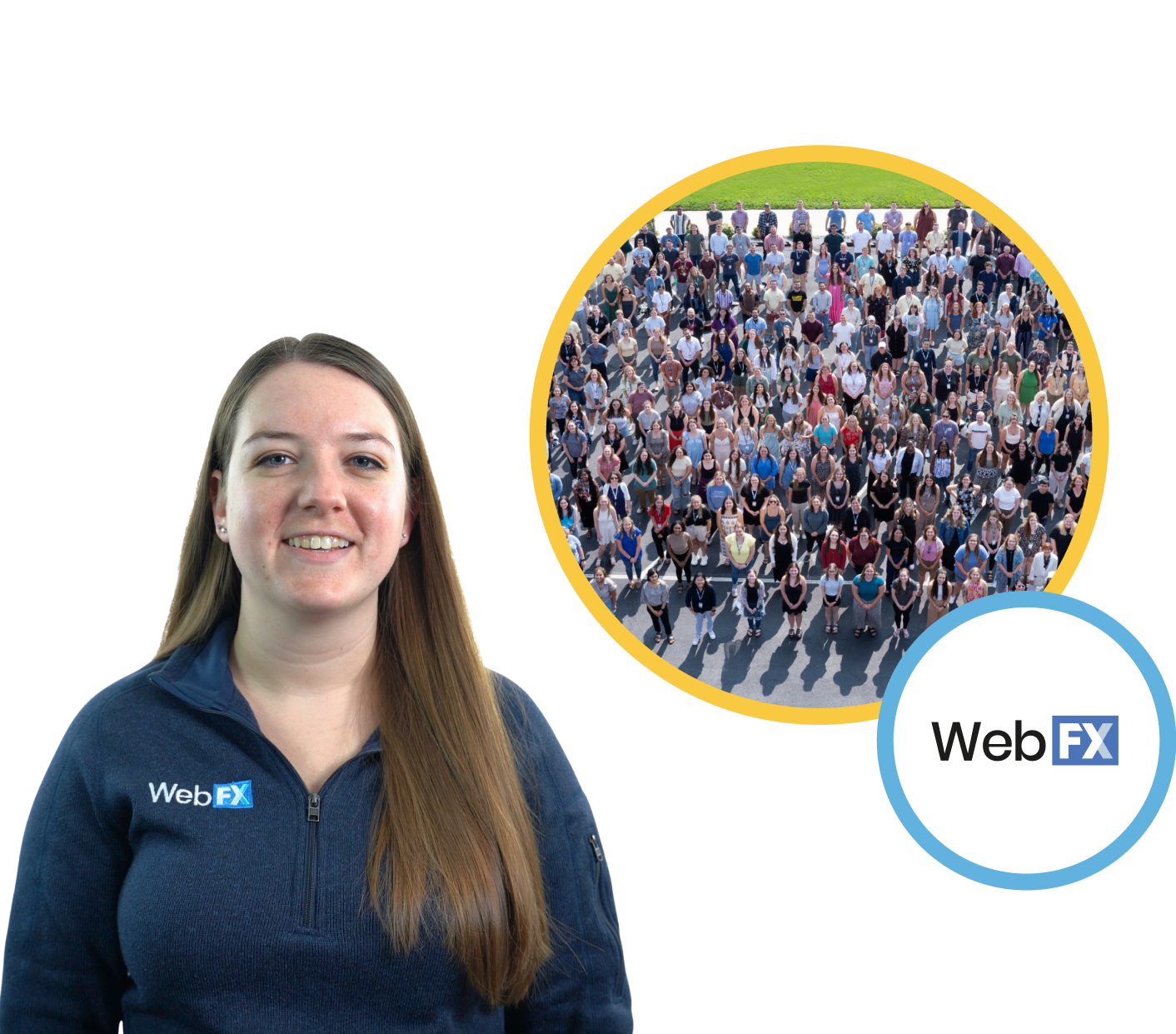 Image showing a WebFX marketing expert to the left and an aerial shot of some of the WebFX team to the right